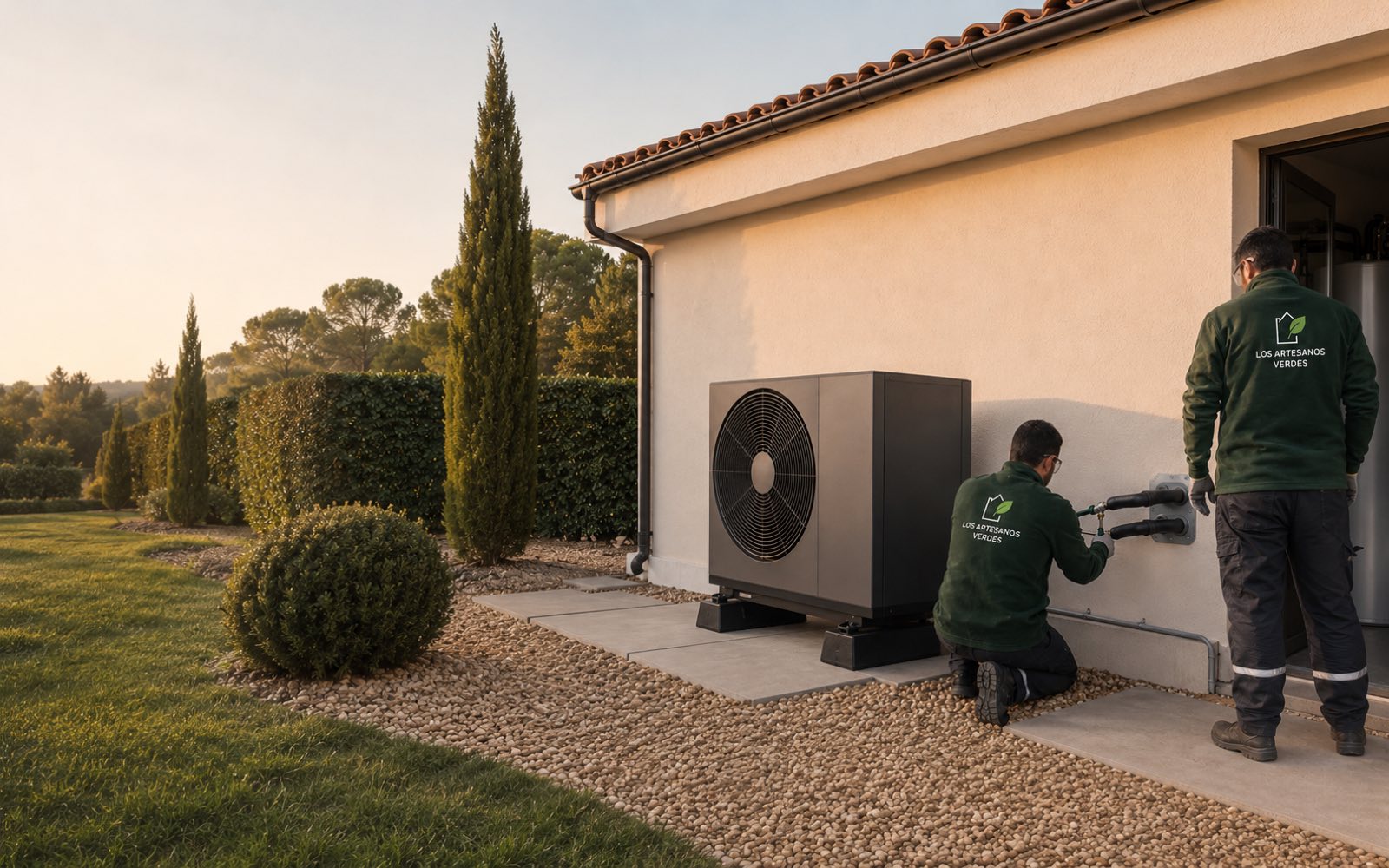 Unidad exterior de bomba de calor instalada en una vivienda tras sustituir una caldera de gasóleo