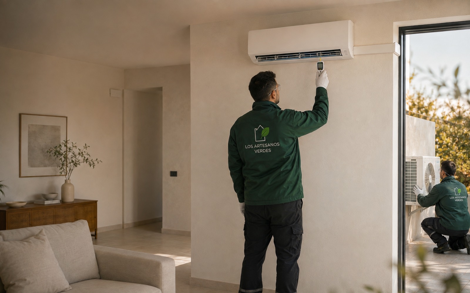Unidad interior de una bomba de calor aire-aire instalada en el salón de una vivienda, junto a los radiadores de una instalación de calefacción existente