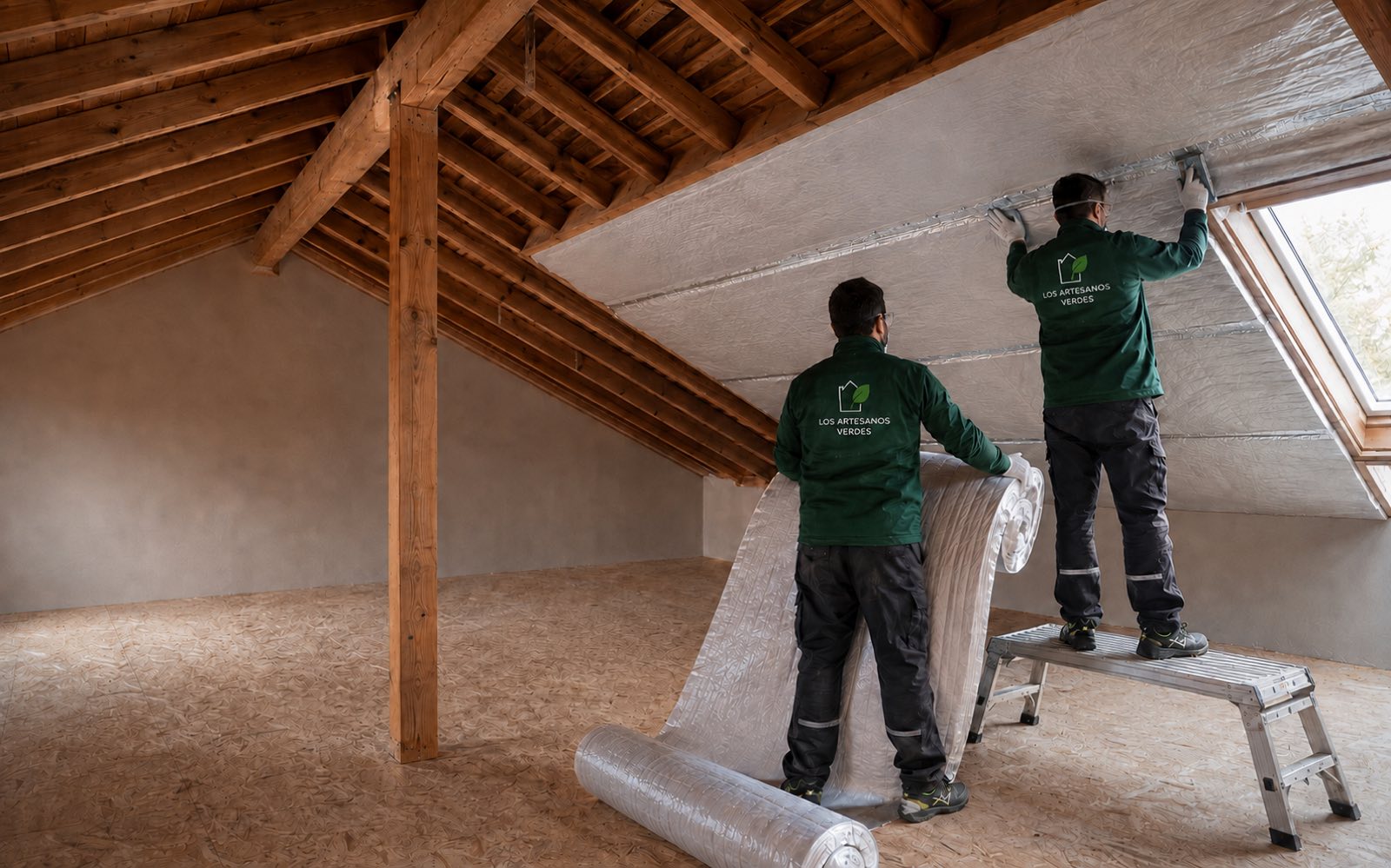 Dos técnicos de Los Artesanos Verdes colocando aislante bajo la cubierta de un espacio común bajo tejado
