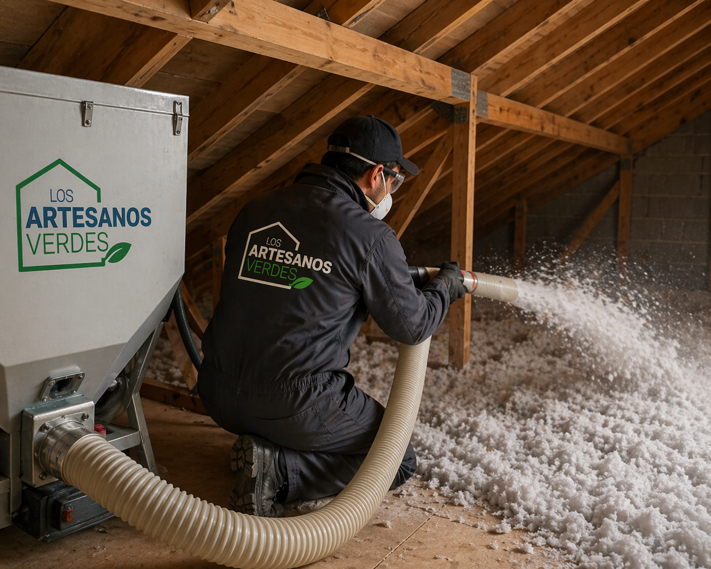 Tecnico de Los Artesanos Verdes insuflando celulosa ecologica en la cubierta de una vivienda
